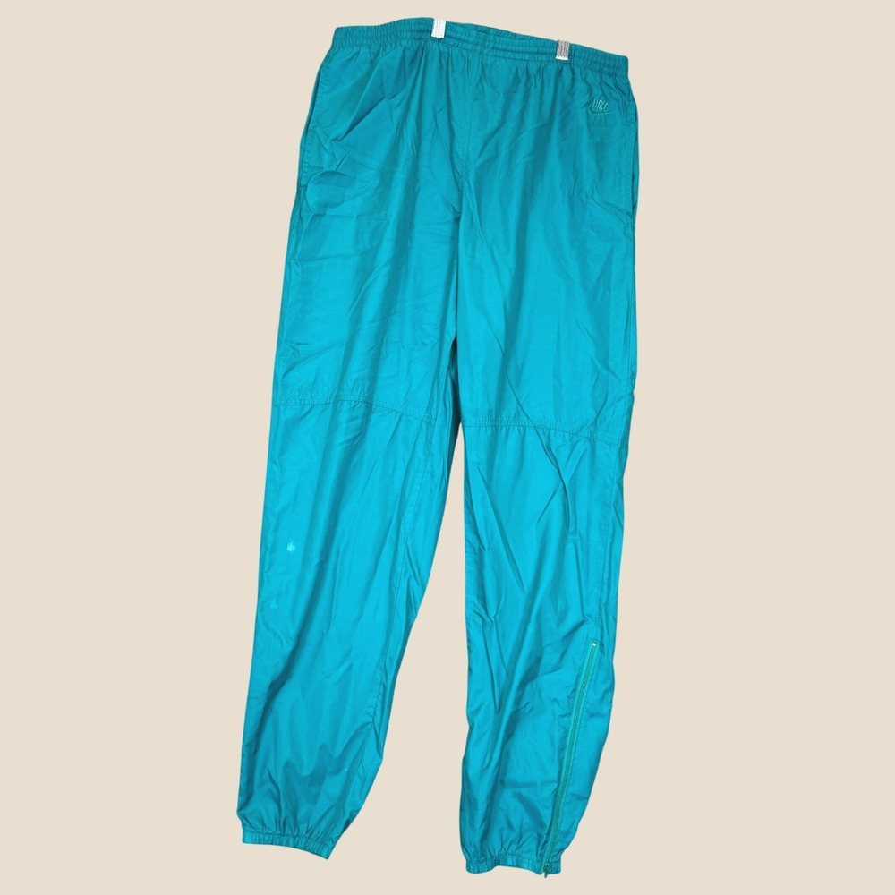 Vintage Nike Track Pants Men L Teal Nylon Windbreaker Zip Ankle 80s Joggers